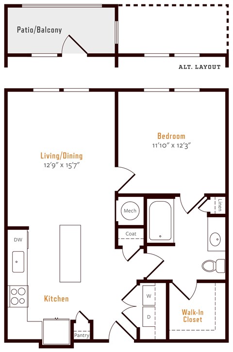 Floor plan for 1 bed, 1 bath, 763 sqft